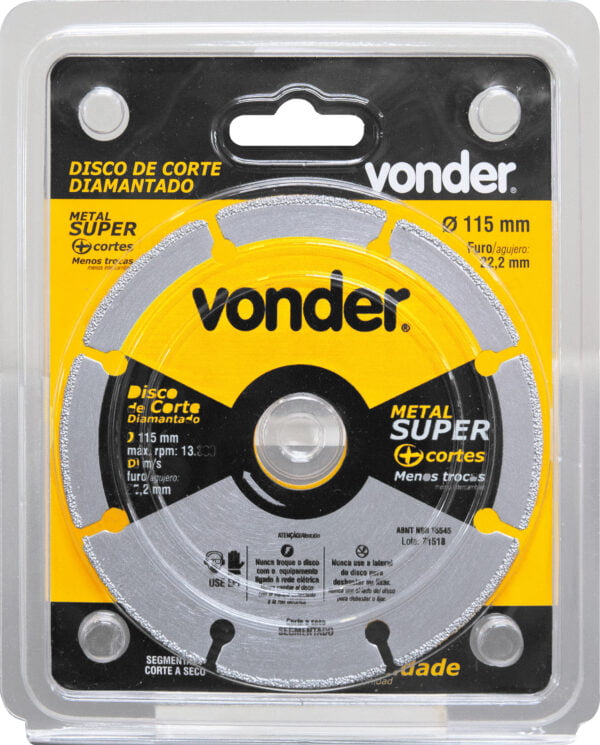 Disco de Corte Diamantado Vonder 115mm: Metal Super
